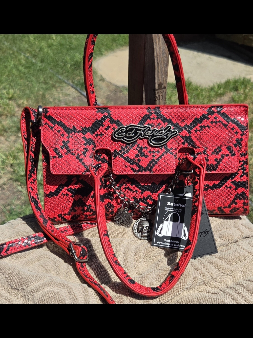 Ed Hardy Red and Black Snakeskin Satchel with Charm Accents